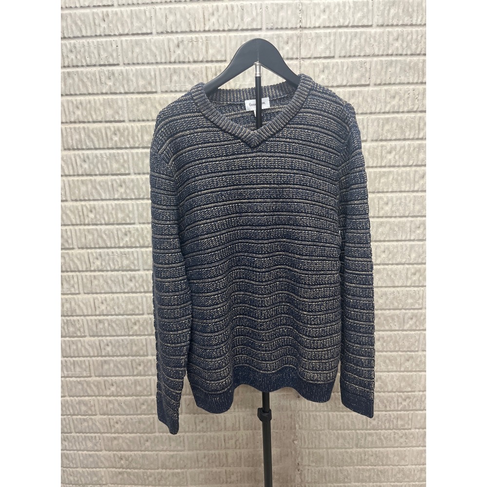 Goodfellow & Co Mens Navy Tan Striped V-Neck Textured Knit Sweater Size L NWT